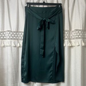 Satin Tie-Waist Midi Skirt in Forest Green
